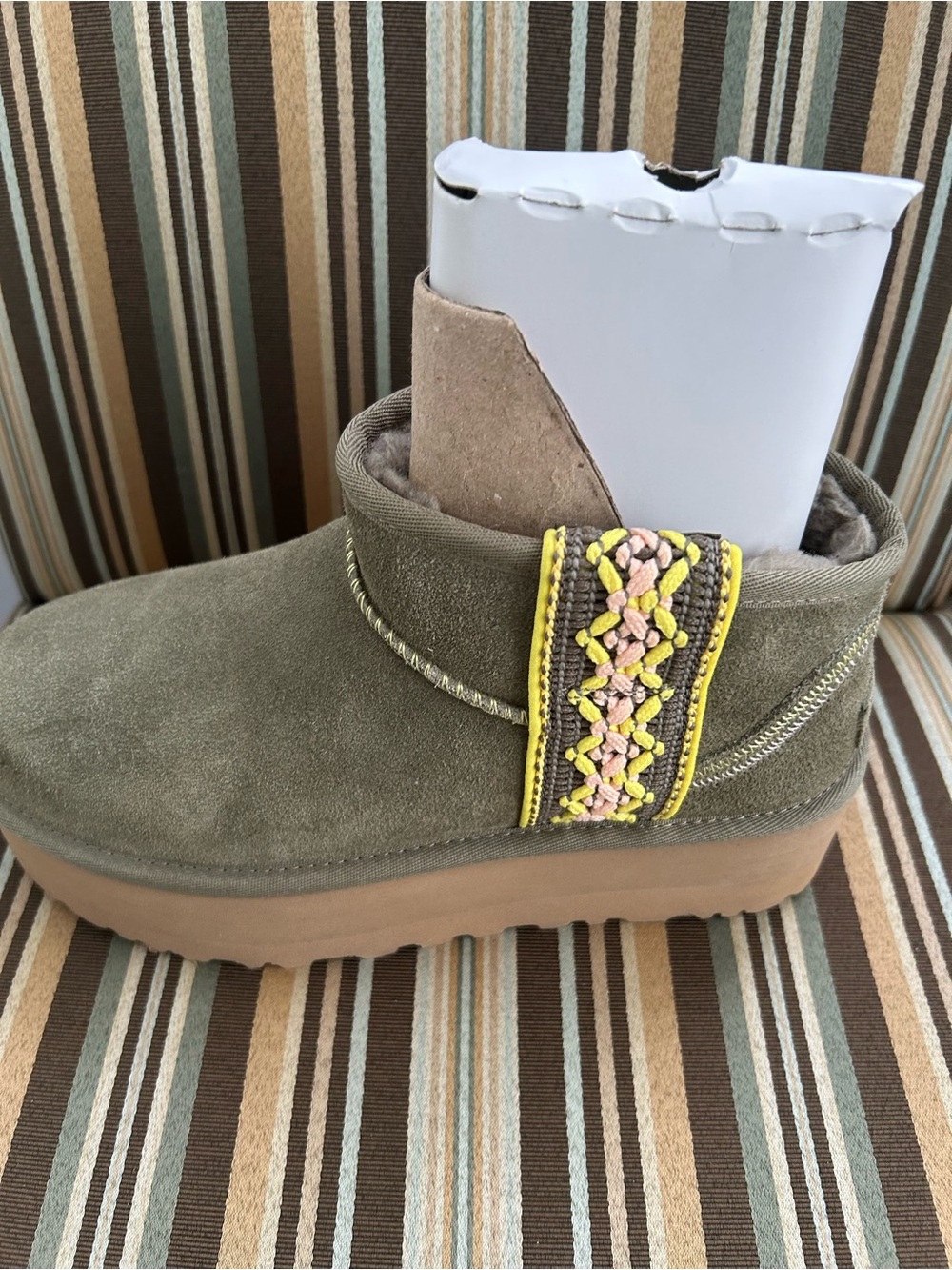 UGG Olive Suede Ankle Boot with Yellow & Pink Braided Accent